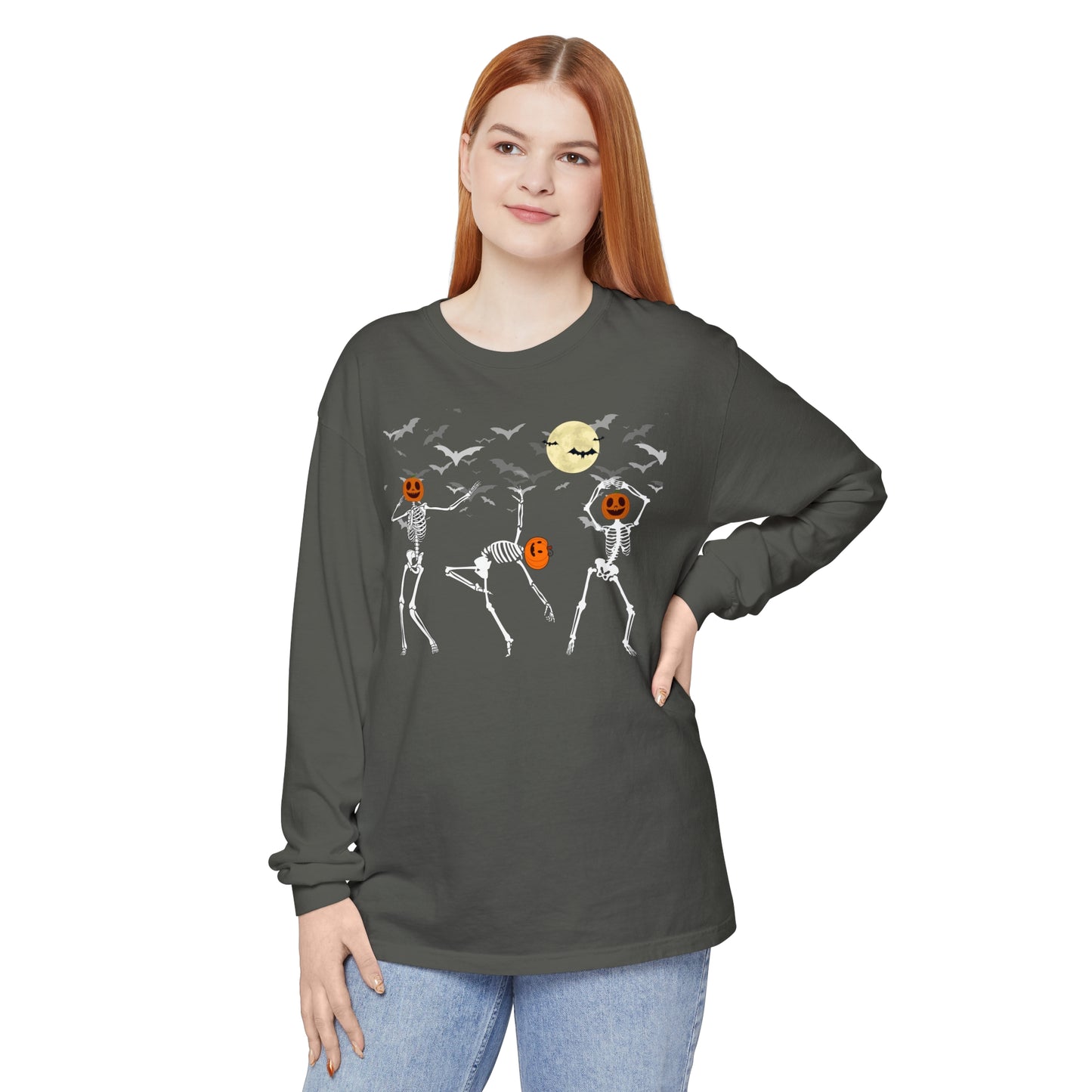 Dancing Skeletons Pumpkin Unisex Garment-dyed Long Sleeve T-Shirt