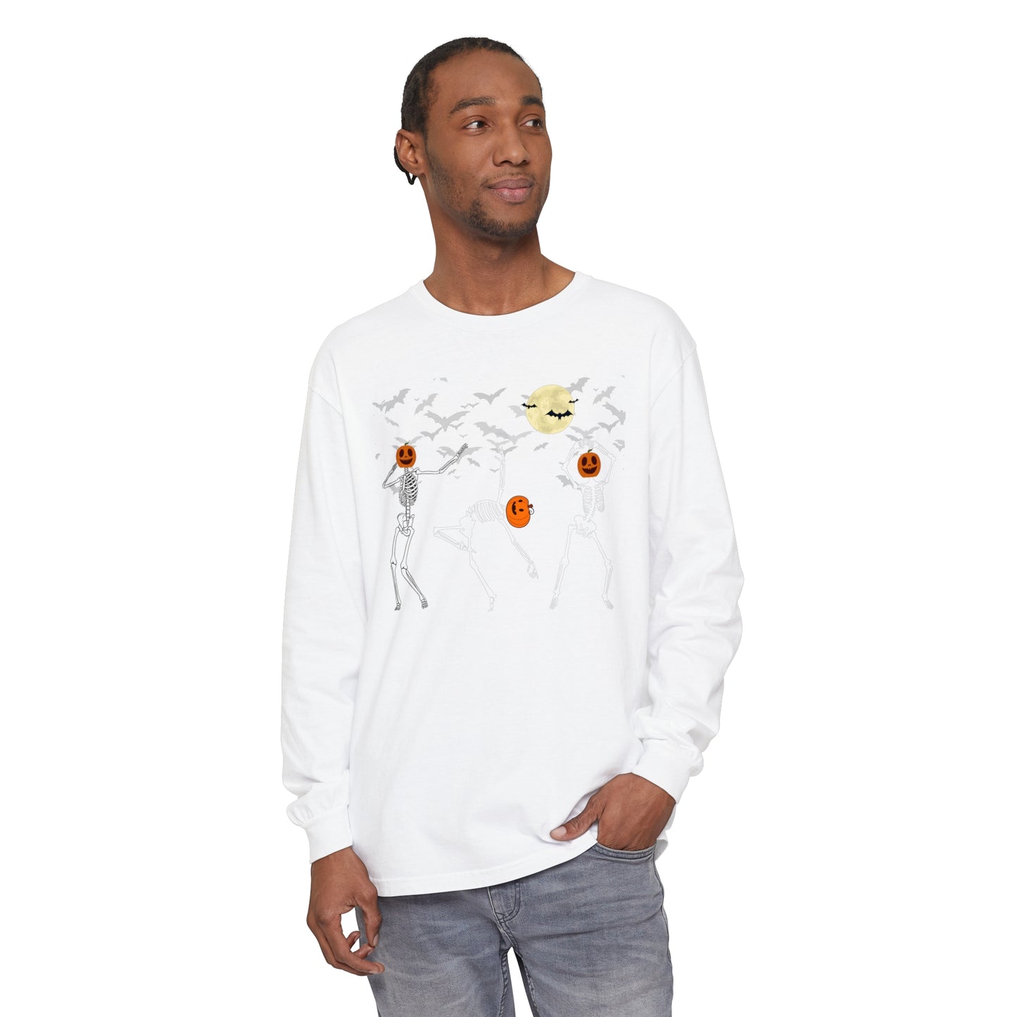 Dancing Skeletons Pumpkin Unisex Garment-dyed Long Sleeve T-Shirt