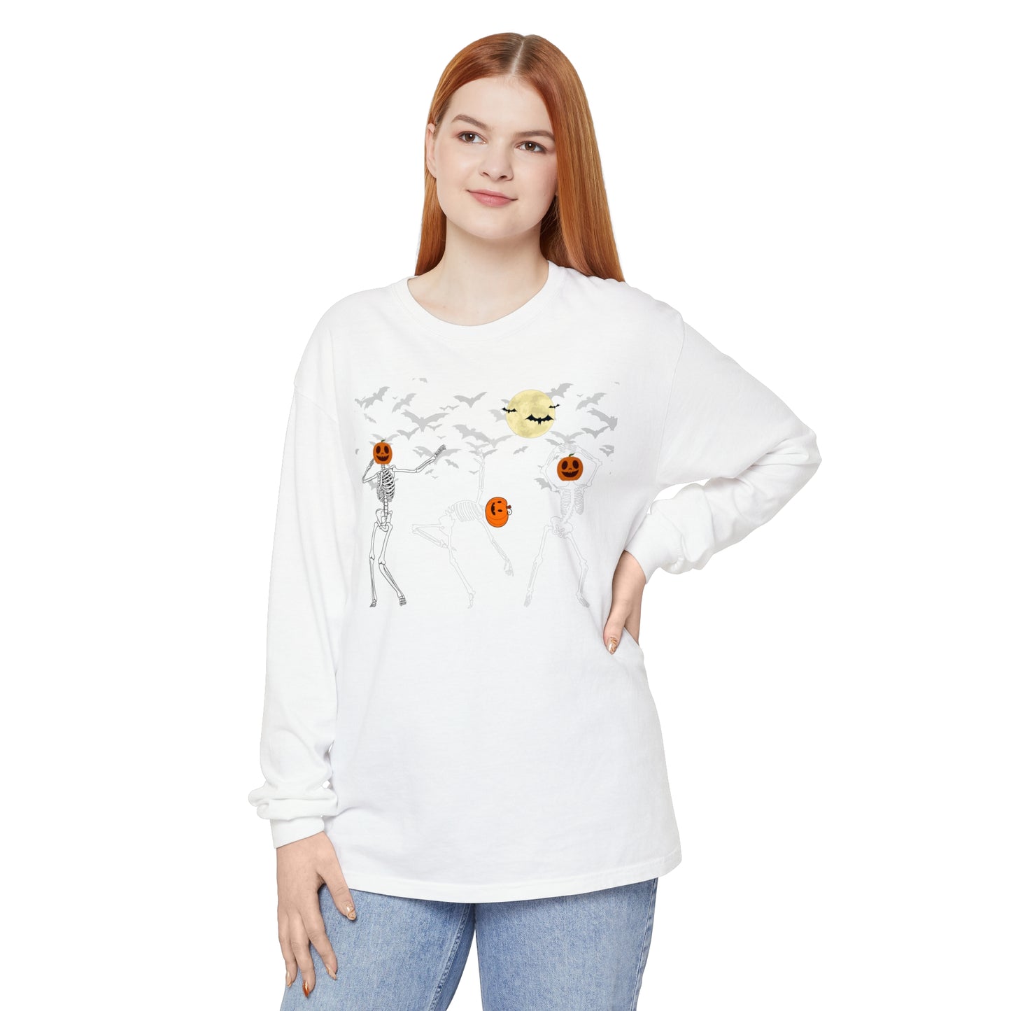 Dancing Skeletons Pumpkin Unisex Garment-dyed Long Sleeve T-Shirt