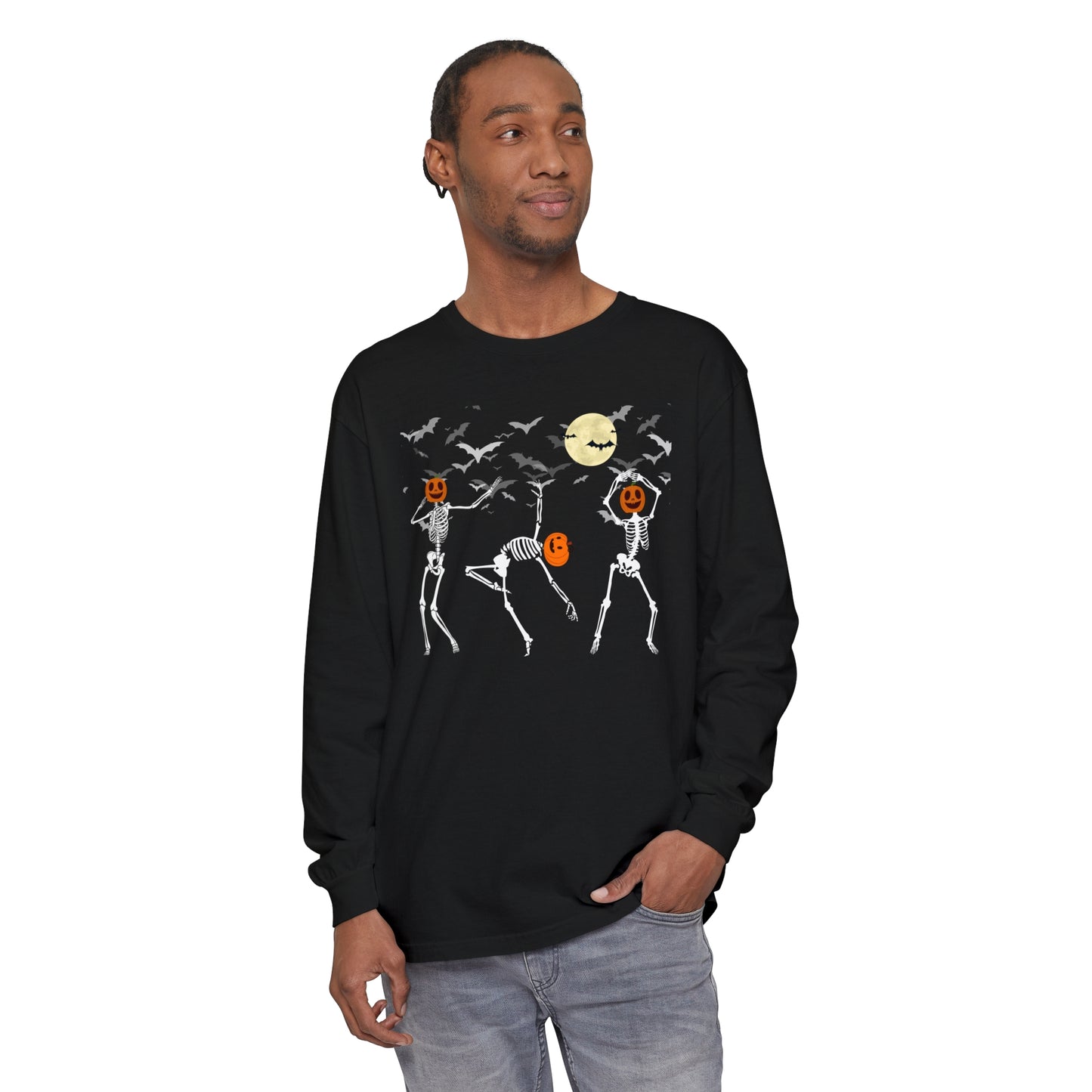 Dancing Skeletons Pumpkin Unisex Garment-dyed Long Sleeve T-Shirt