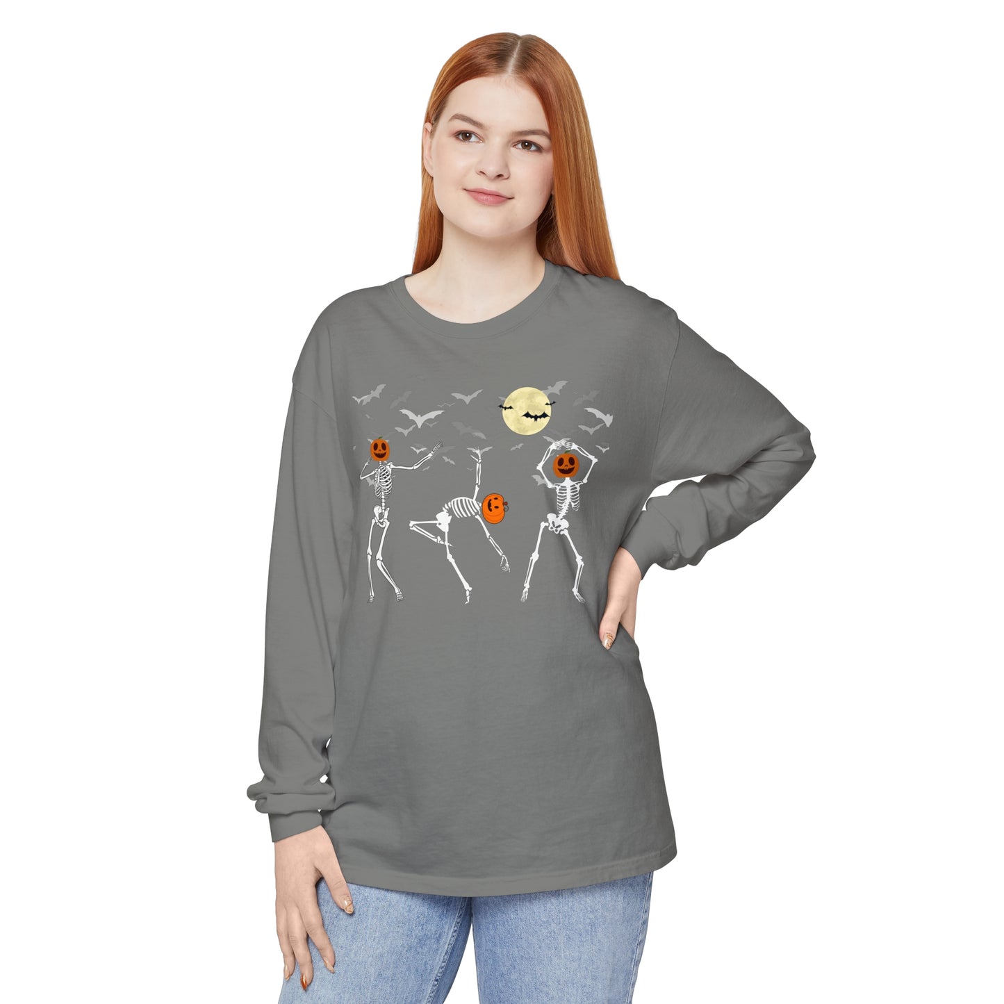 Dancing Skeletons Pumpkin Unisex Garment-dyed Long Sleeve T-Shirt