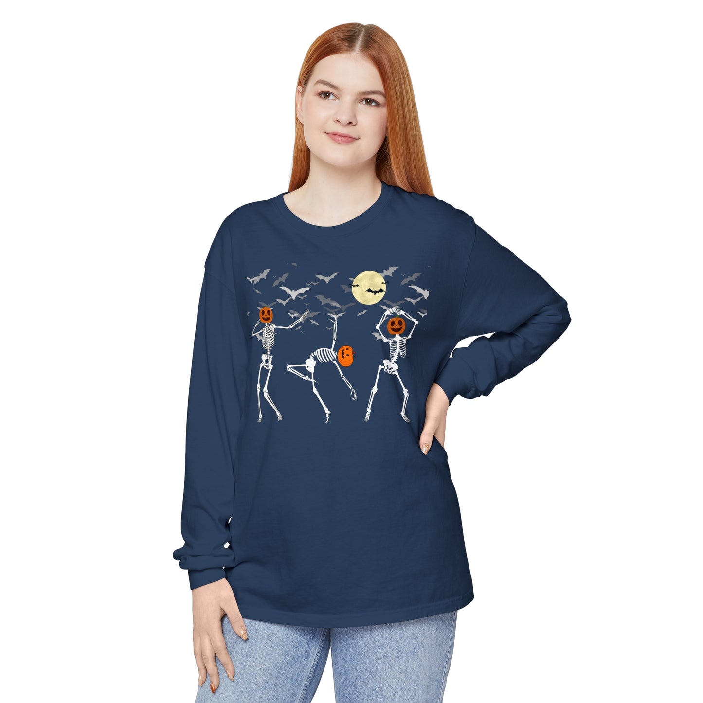 Dancing Skeletons Pumpkin Unisex Garment-dyed Long Sleeve T-Shirt