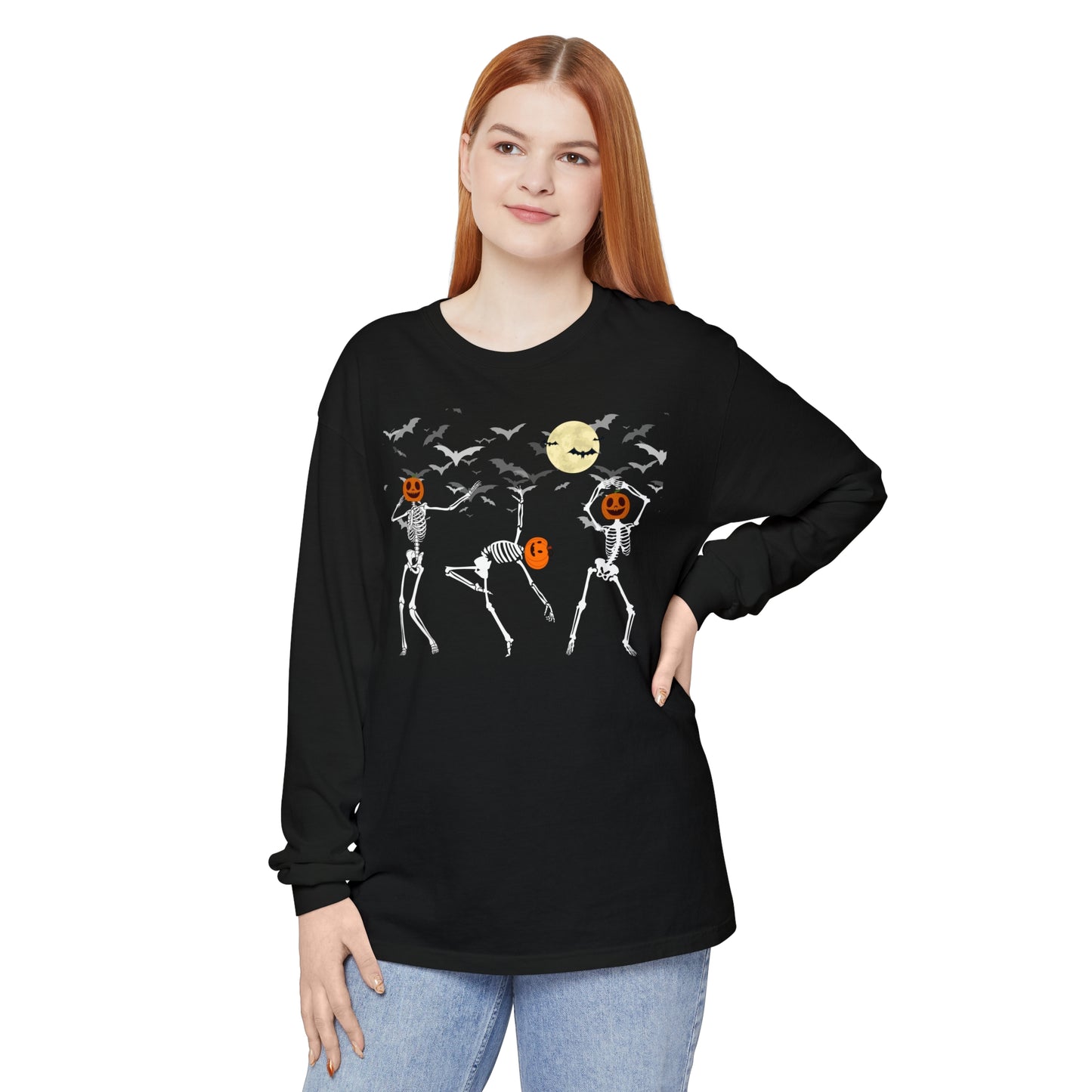 Dancing Skeletons Pumpkin Unisex Garment-dyed Long Sleeve T-Shirt