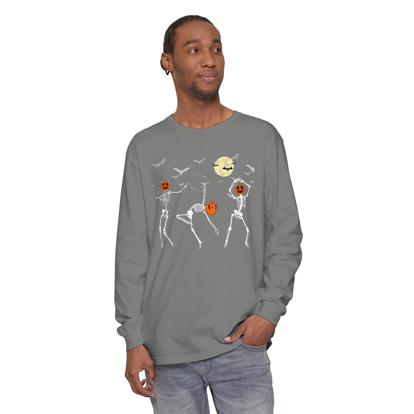 Dancing Skeletons Pumpkin Unisex Garment-dyed Long Sleeve T-Shirt